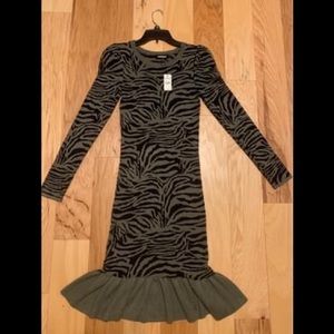 New Zebra Print Ribbed Flounce Hem Sweater Dress